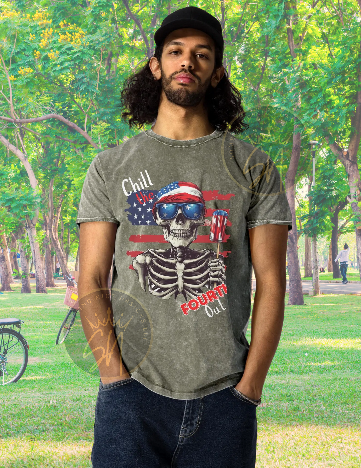 Chill the fourth out funny skeleton unisex Fourth of July denim t-shirt