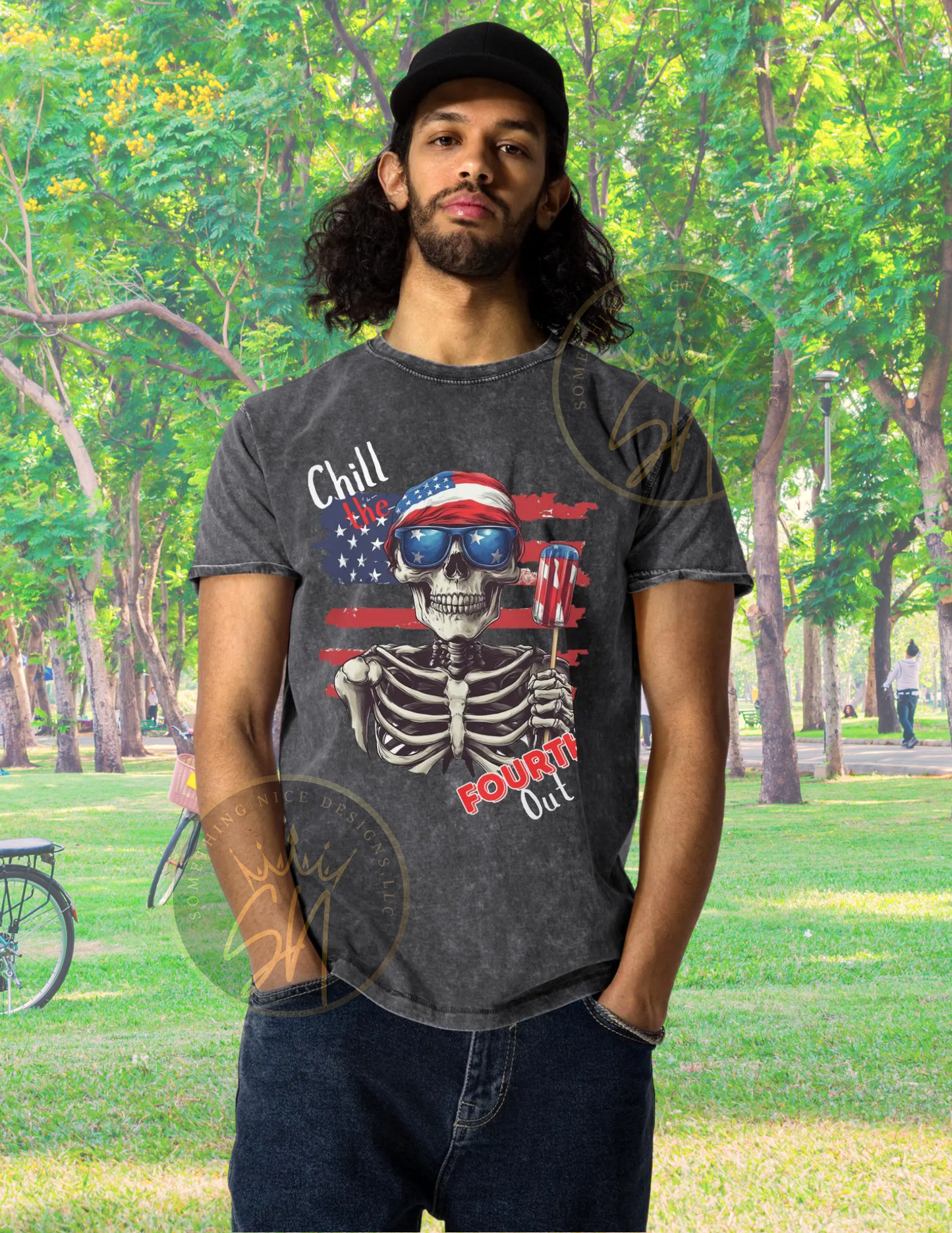 Chill the fourth out funny skeleton unisex Fourth of July denim t-shirt