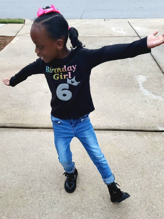 Birthday tshirt for girls, birthday girl gift idea, personalized bday for kids, birthday age, glitter tee, 3D shirts, cute tops for girls