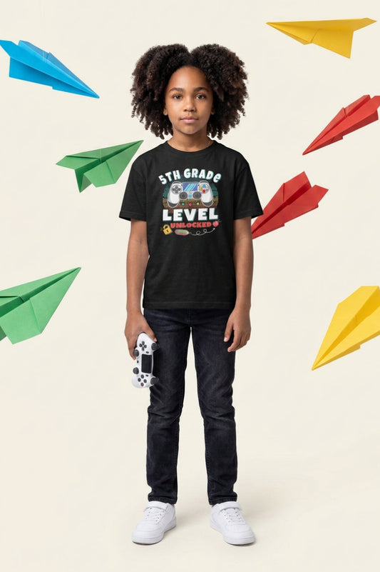 Game on level unlocked back to school T-shirt for boys and girls, first day of school shirt, Grades first through fifth